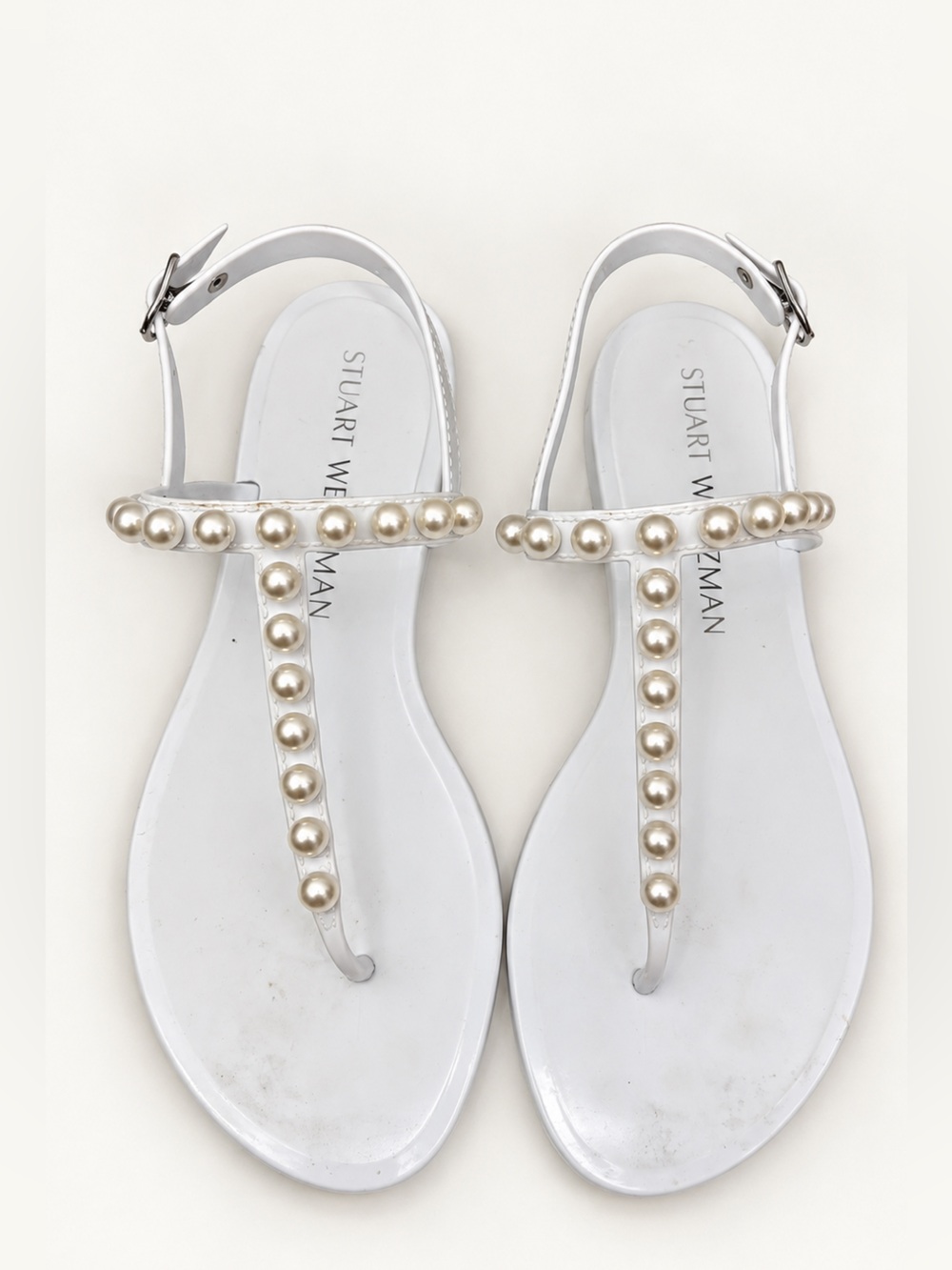 STUART WEITZMAN Women’s Goldie Jelly Pearl T-Strap Sandals White 9B EU 39.5 Flat
